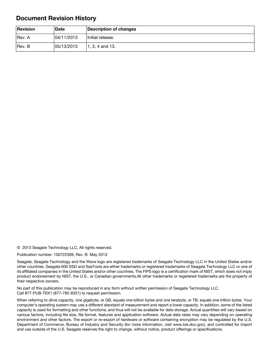 Seagate ST240HM001, ST120HM001, ST120HM000, ST240HM000, 600 Document Revision History, Revision Date Description of changes 