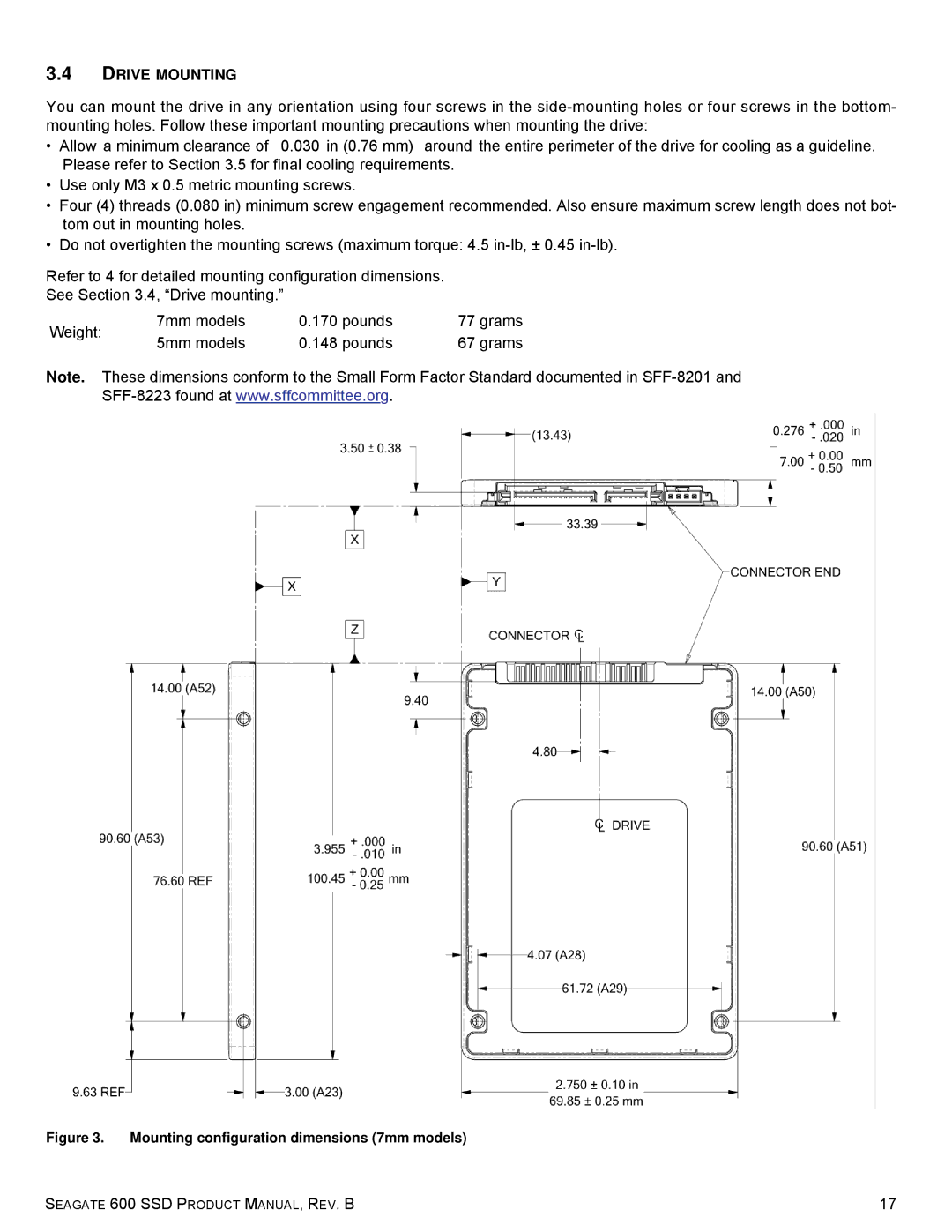 Seagate ST120HM001, ST120HM000, ST240HM001, ST240HM000, 600 Drive Mounting, Mounting configuration dimensions 7mm models 