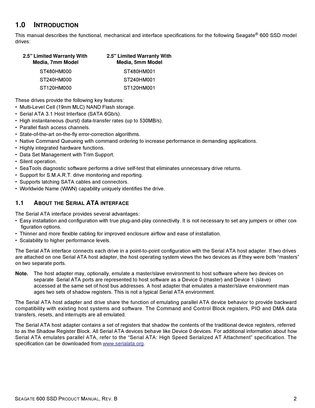Seagate ST480HM001, ST120HM001, ST120HM000, ST240HM001, ST240HM000, 600 warranty Introduction, About the Serial ATA Interface 