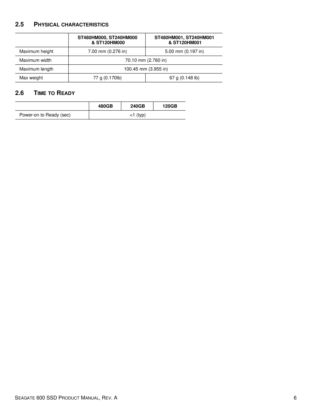 Seagate ST480HM000, ST120HM001, ST120HM000, ST240HM001, ST240HM000, ST480HM001 manual Physical Characteristics, Time to Ready 