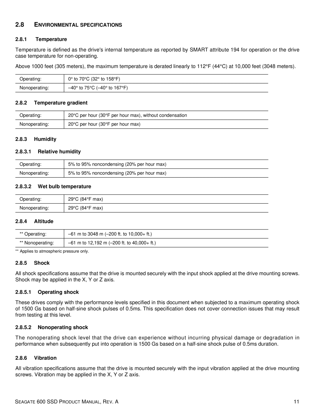 Seagate ST240HM000, ST120HM001, ST120HM000, ST240HM001, ST480HM000, ST480HM001 manual Environmental Specifications 