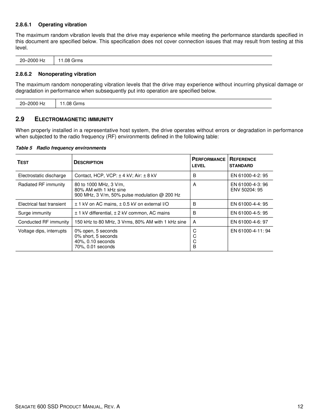 Seagate ST480HM000 Operating vibration, Nonoperating vibration, Electromagnetic Immunity, Radio frequency environments 