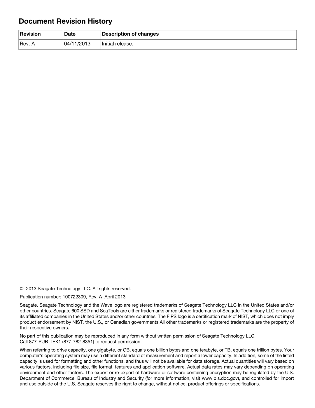 Seagate ST240HM001, ST120HM001, ST120HM000, ST240HM000, ST480HM000, ST480HM001 manual Document Revision History 