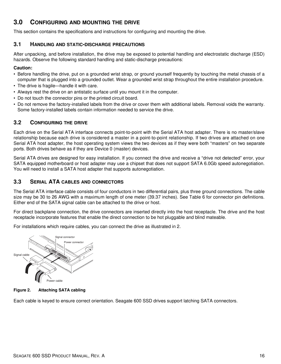 Seagate ST240HM001 Handling and STATIC-DISCHARGE Precautions, Configuring the Drive, Serial ATA Cables and Connectors 