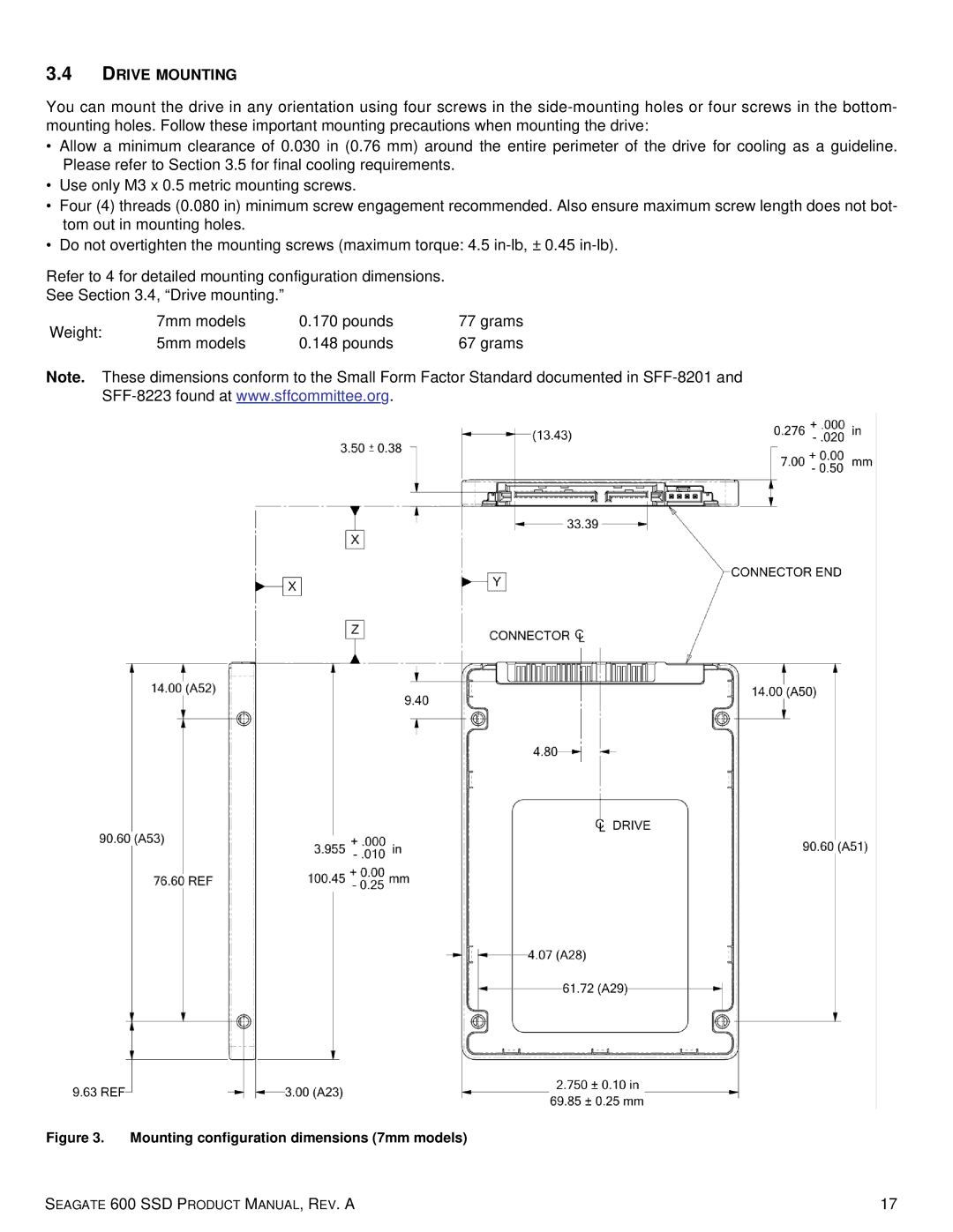 Seagate ST240HM000, ST120HM001, ST120HM000, ST240HM001 manual Drive Mounting, Mounting configuration dimensions 7mm models 