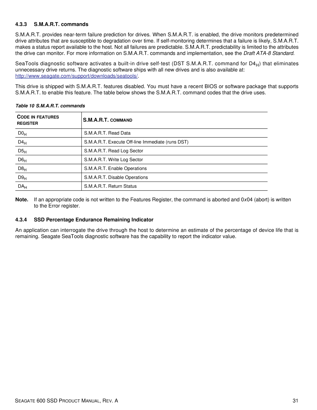 Seagate ST480HM001, ST120HM001 manual 3 S.M.A.R.T. commands, A.R.T. Command, SSD Percentage Endurance Remaining Indicator 