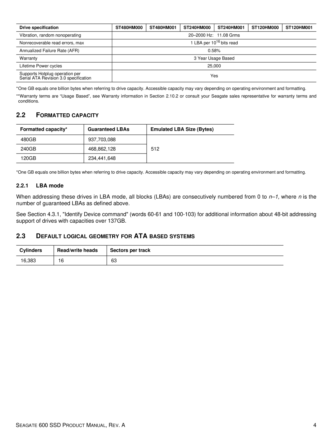 Seagate ST240HM001, ST120HM001, ST120HM000 Formatted Capacity, LBA mode, Default Logical Geometry for ATA Based Systems 