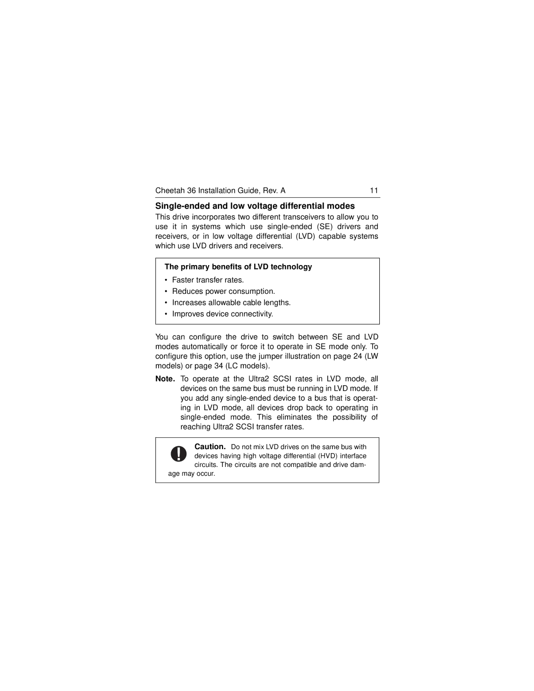 Seagate ST136403LW/LC manual Single-ended and low voltage differential modes, Primary benefits of LVD technology 