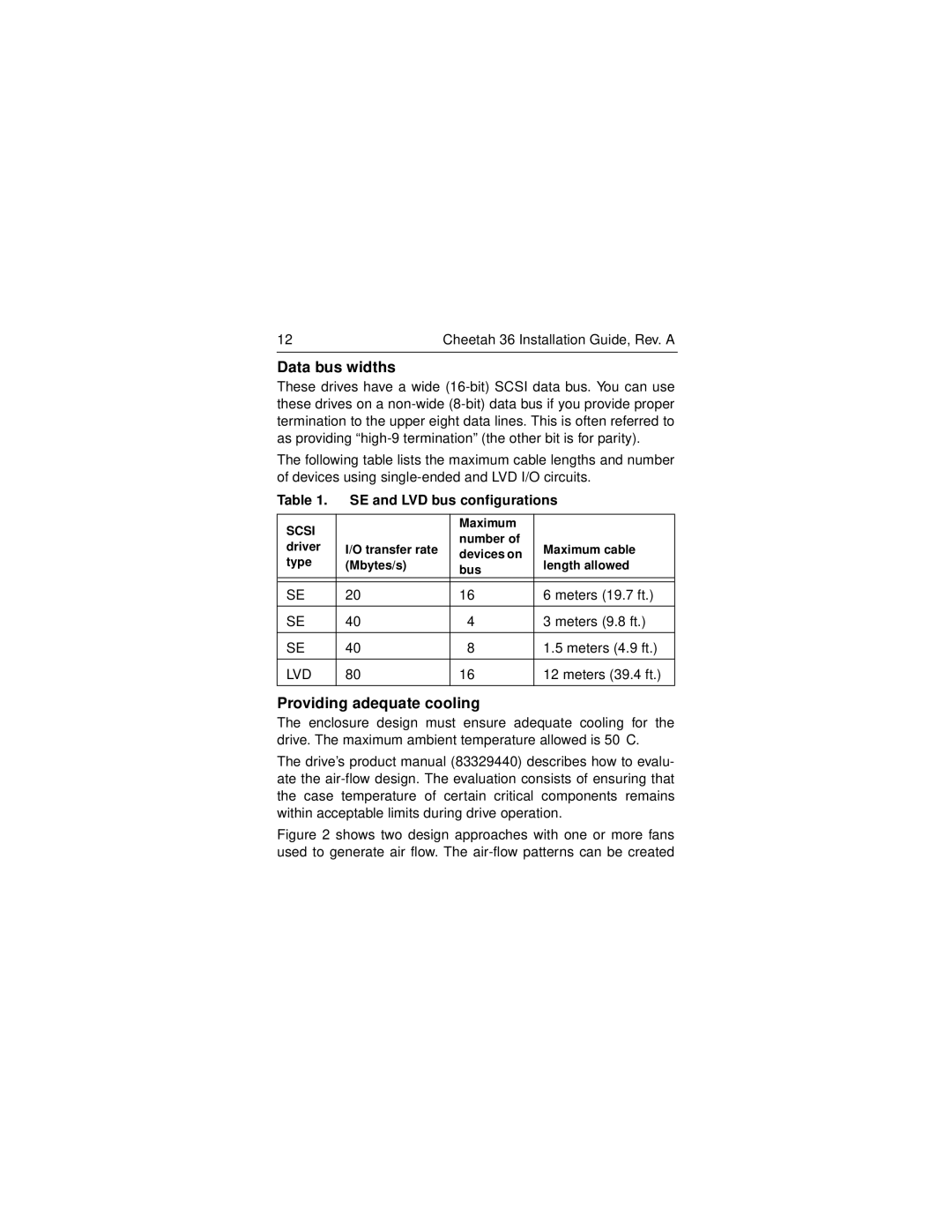 Seagate ST136403LW/LC manual Data bus widths, Providing adequate cooling, SE and LVD bus configurations 