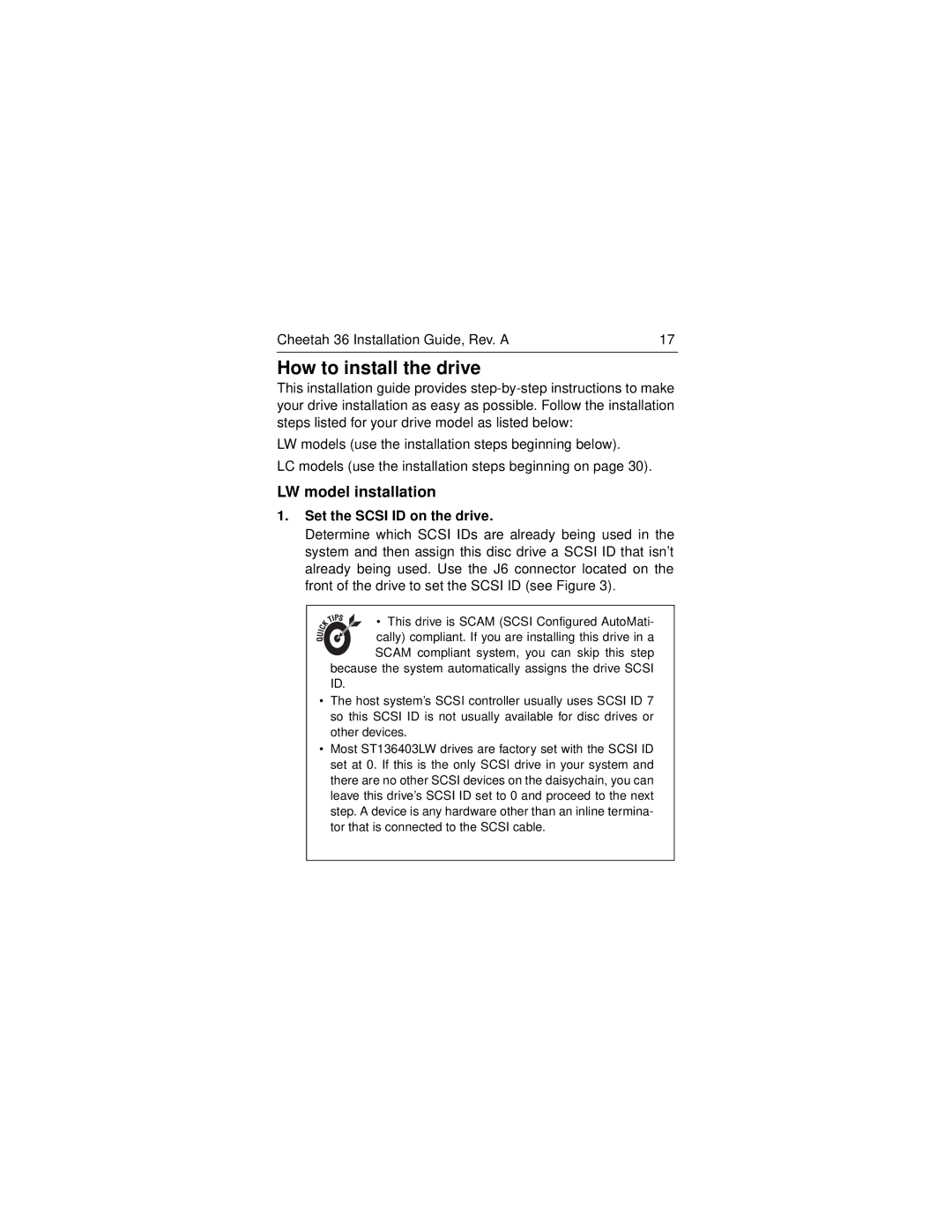 Seagate ST136403LW/LC manual LW model installation, Set the Scsi ID on the drive 