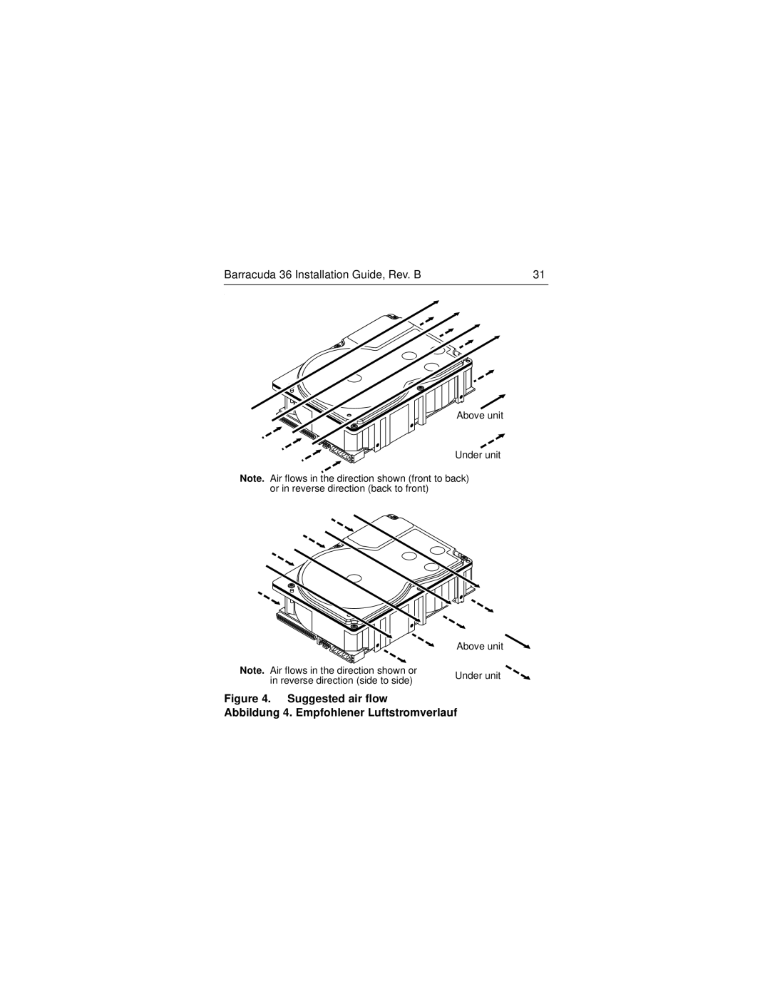 Seagate ST136475LW/LC manual Suggested air flow Abbildung 4. Empfohlener Luftstromverlauf 