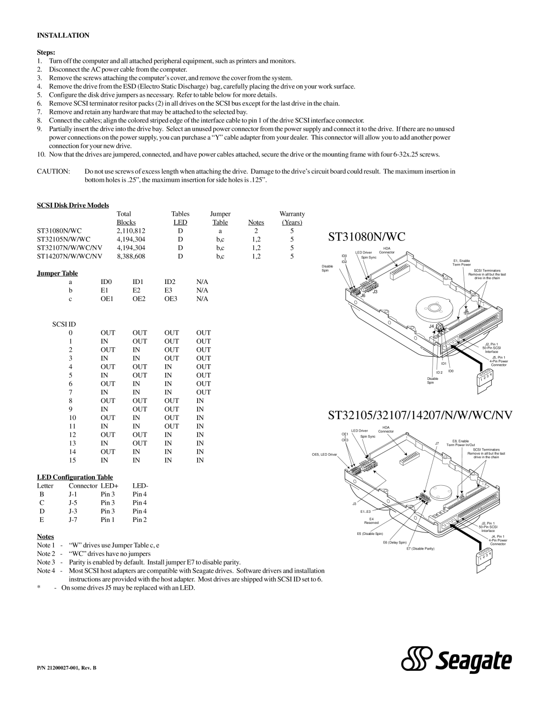 Seagate ST14207NV, ST14207WC ST31080N/WC, ST32105/32107/14207/N/W/WC/NV, Steps, Jumper Table, LED Configuration Table 