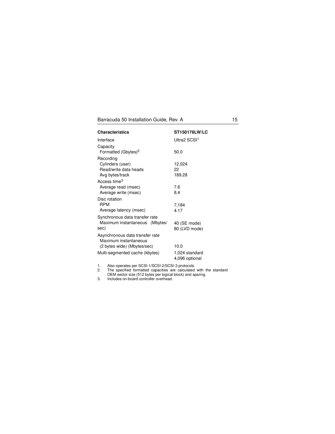 Seagate manual Characteristics ST150176LW/LC 