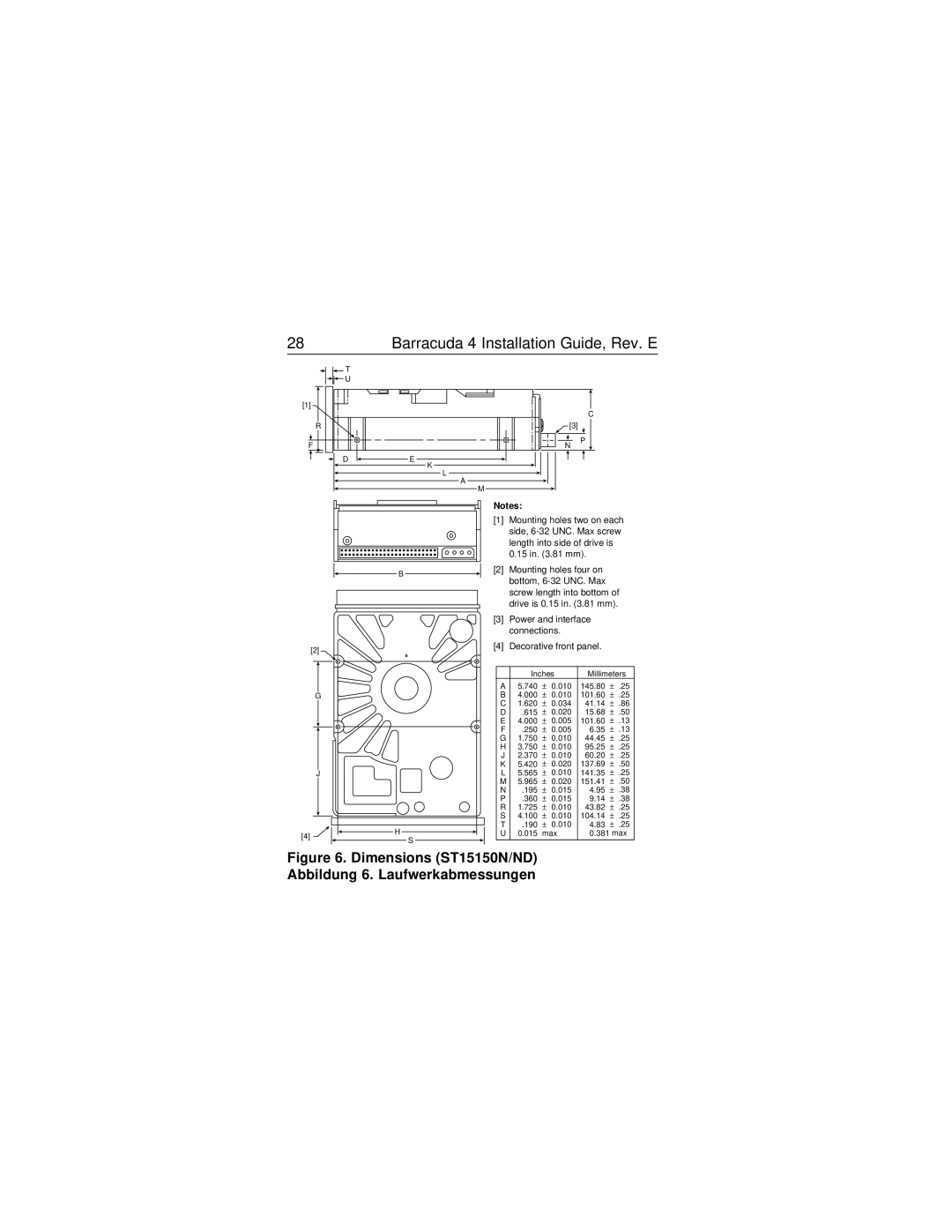 Seagate ST15150W/WD/WC, ST15150N/ND/DC manual Dimensions ST15150N/ND Abbildung 6. Laufwerkabmessungen 