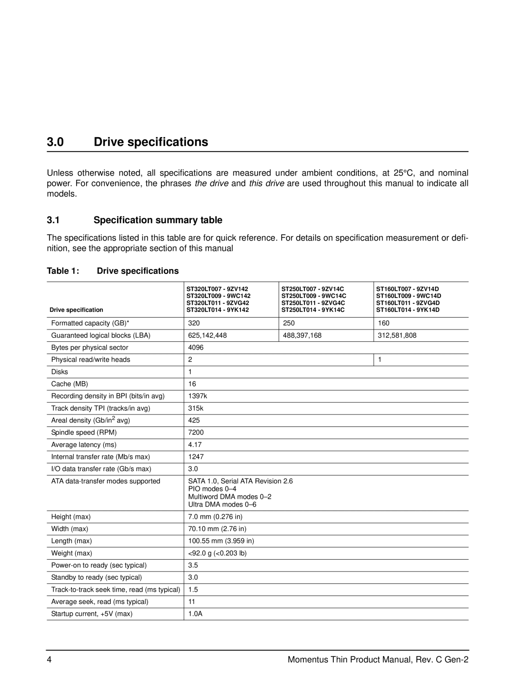 Seagate ST320LT007 - 9ZV142, ST160LT011 - 9ZVG4D, ST160LT007 - 9ZV14D Drive specifications, Specification summary table 