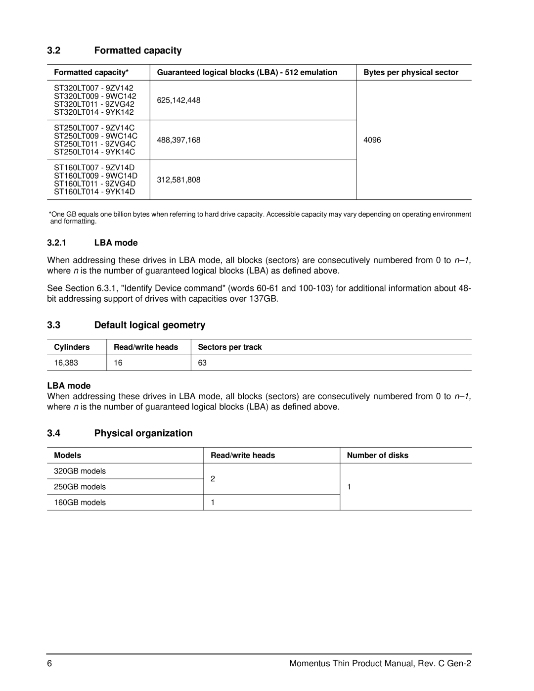 Seagate ST160LT011 - 9ZVG4D manual Formatted capacity, Default logical geometry, Physical organization, LBA mode 