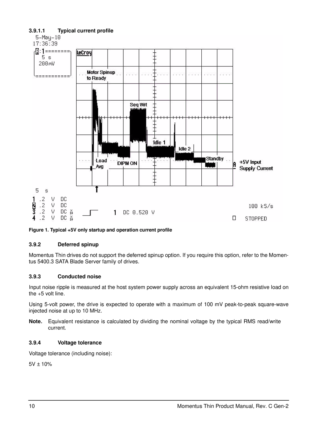 Seagate ST250LT007 - 9ZV14C manual Typical current profile, Deferred spinup, Conducted noise, Voltage tolerance 