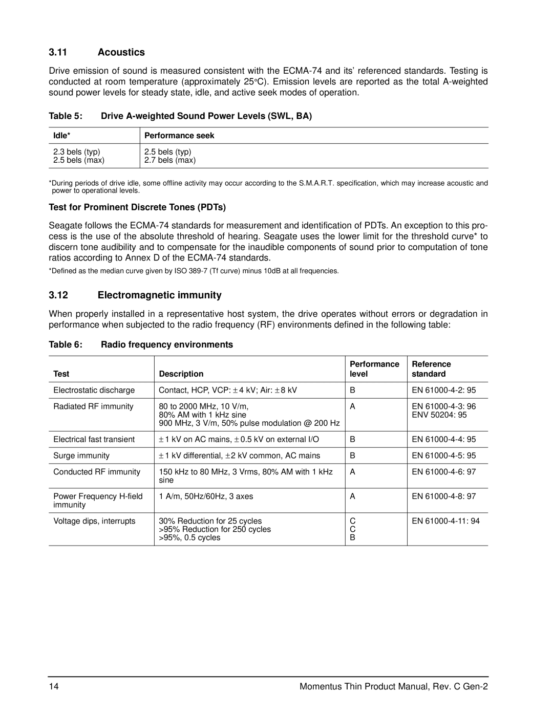 Seagate ST320LT014 - 9YK142 manual Acoustics, Electromagnetic immunity, Drive A-weighted Sound Power Levels SWL, BA 