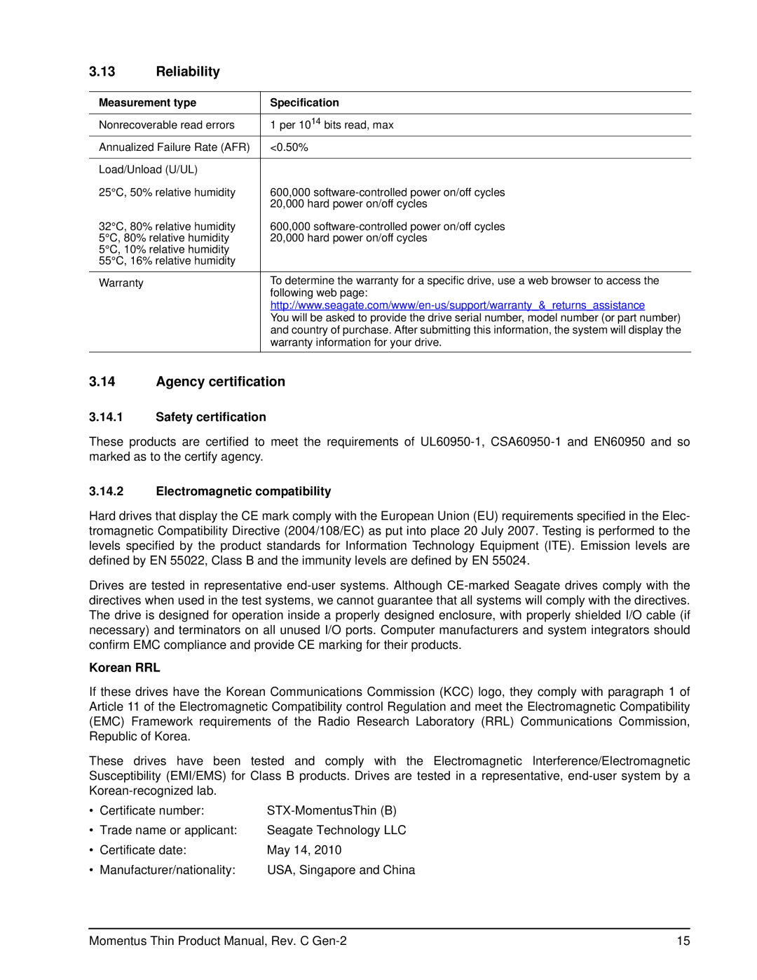 Seagate ST320LT009 - 9WC142 manual Reliability, Agency certification, Safety certification, Electromagnetic compatibility 