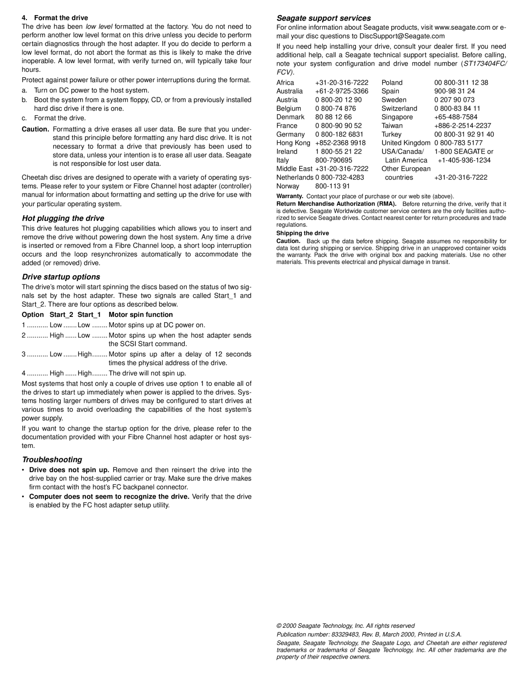 Seagate ST173404FC Hot plugging the drive, Drive startup options, Troubleshooting, Seagate support services 