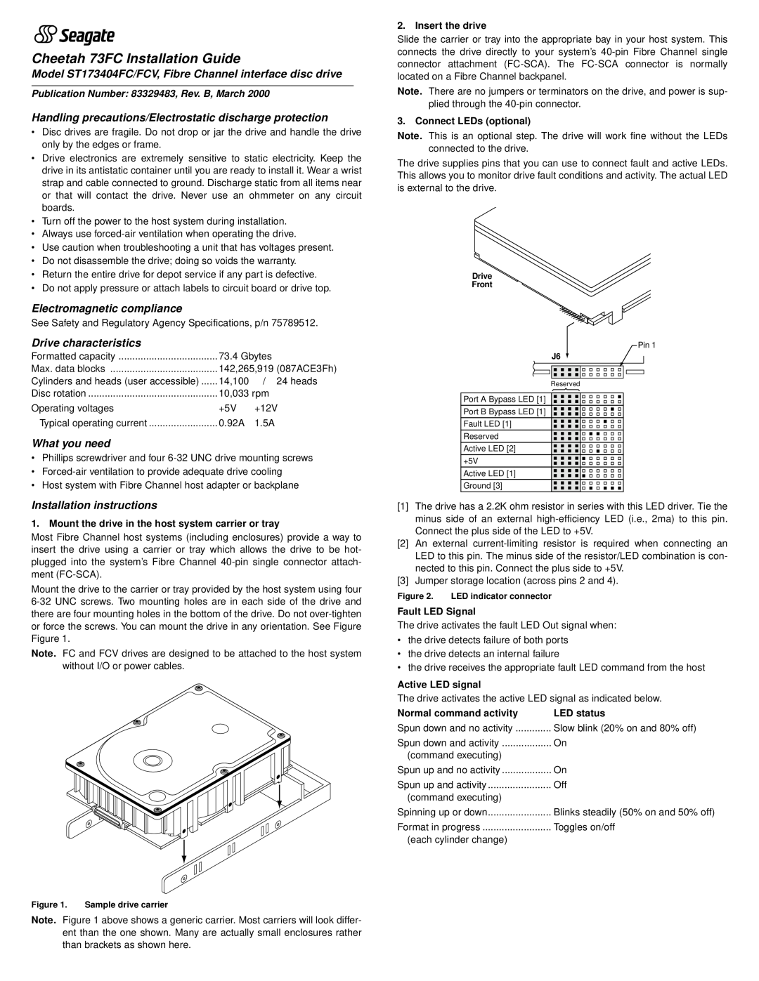 Seagate installation instructions Model ST173404FC/FCV, Fibre Channel interface disc drive, Electromagnetic compliance 