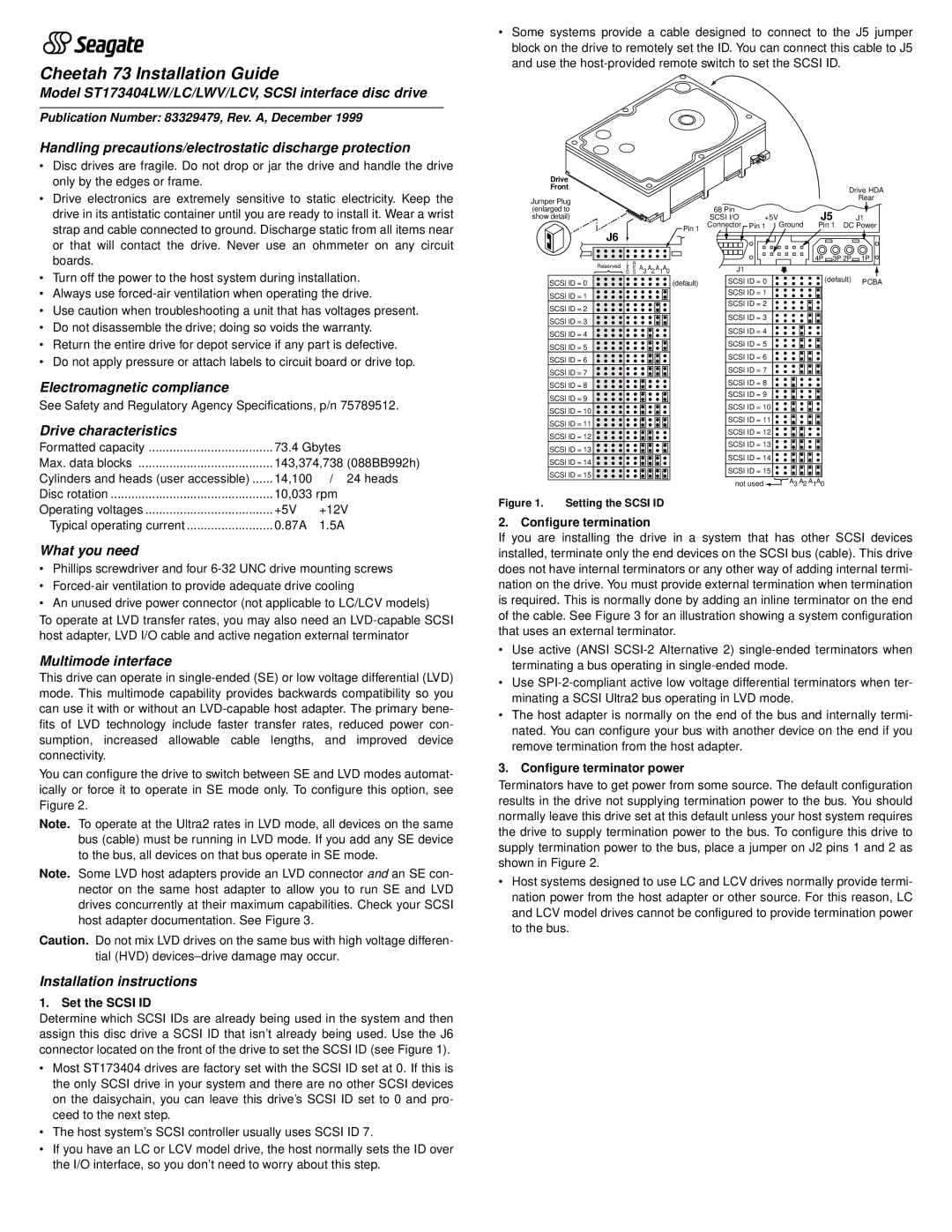 Seagate ST173404LC installation instructions Model ST173404LW/LC/LWV/LCV, Scsi interface disc drive, Drive characteristics 