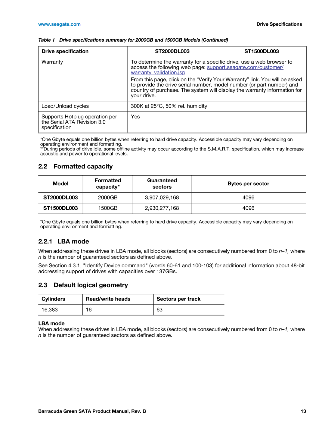 Seagate ST1500DL003, ST2000DL003 manual Formatted capacity, LBA mode, Default logical geometry 