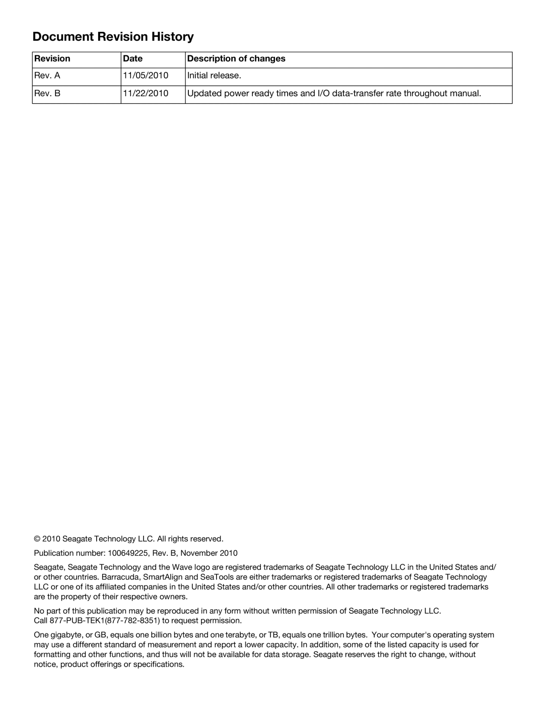 Seagate ST2000DL003, ST1500DL003 manual Document Revision History, Revision Date Description of changes 