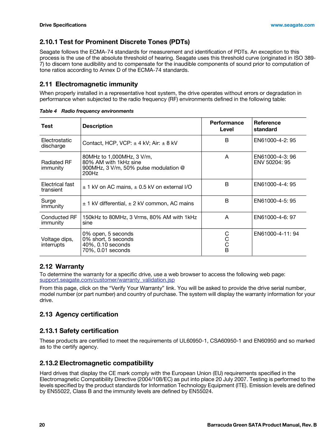 Seagate ST2000DL003, ST1500DL003 manual Test for Prominent Discrete Tones PDTs, Electromagnetic immunity, Warranty 