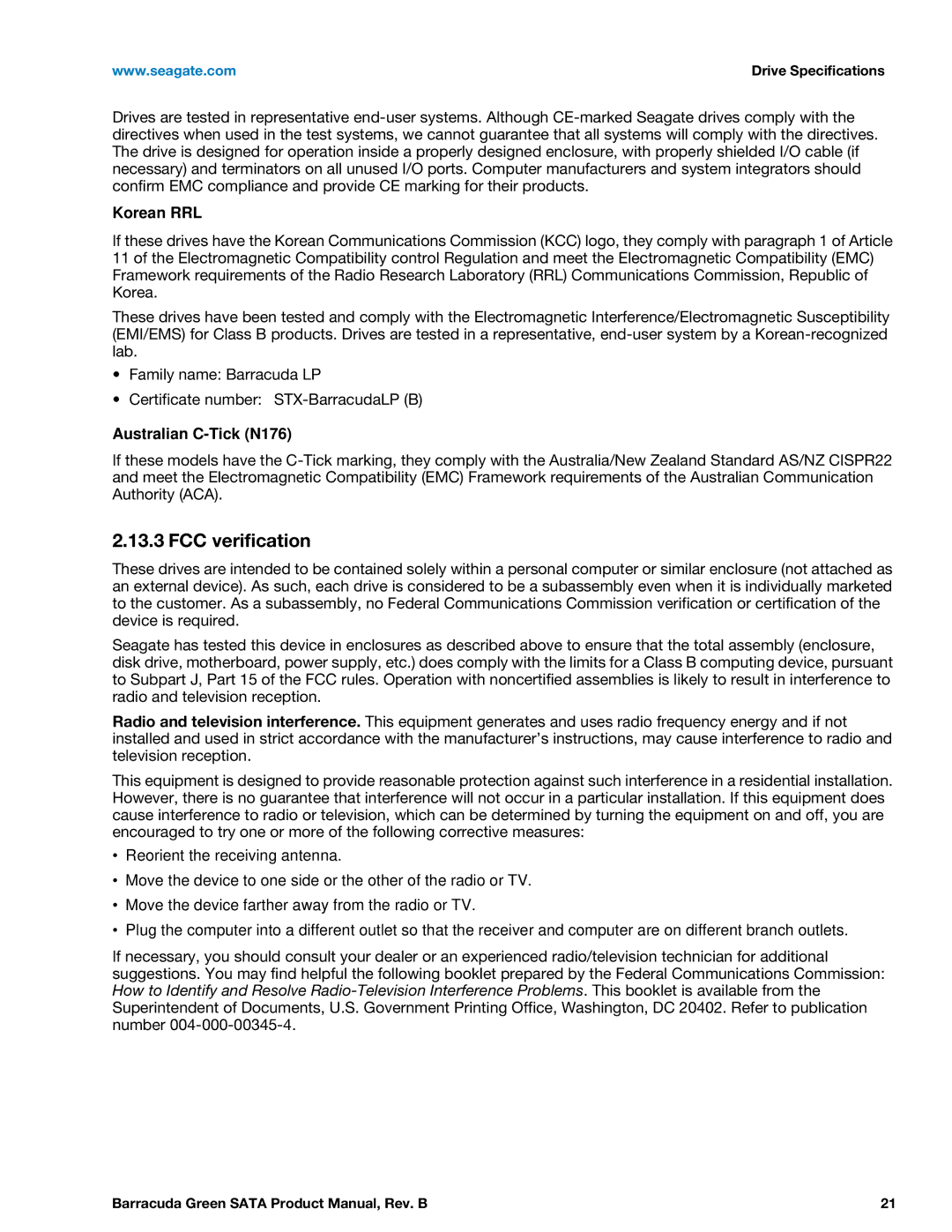 Seagate ST1500DL003, ST2000DL003 manual FCC verification, Korean RRL, Australian C-Tick N176 