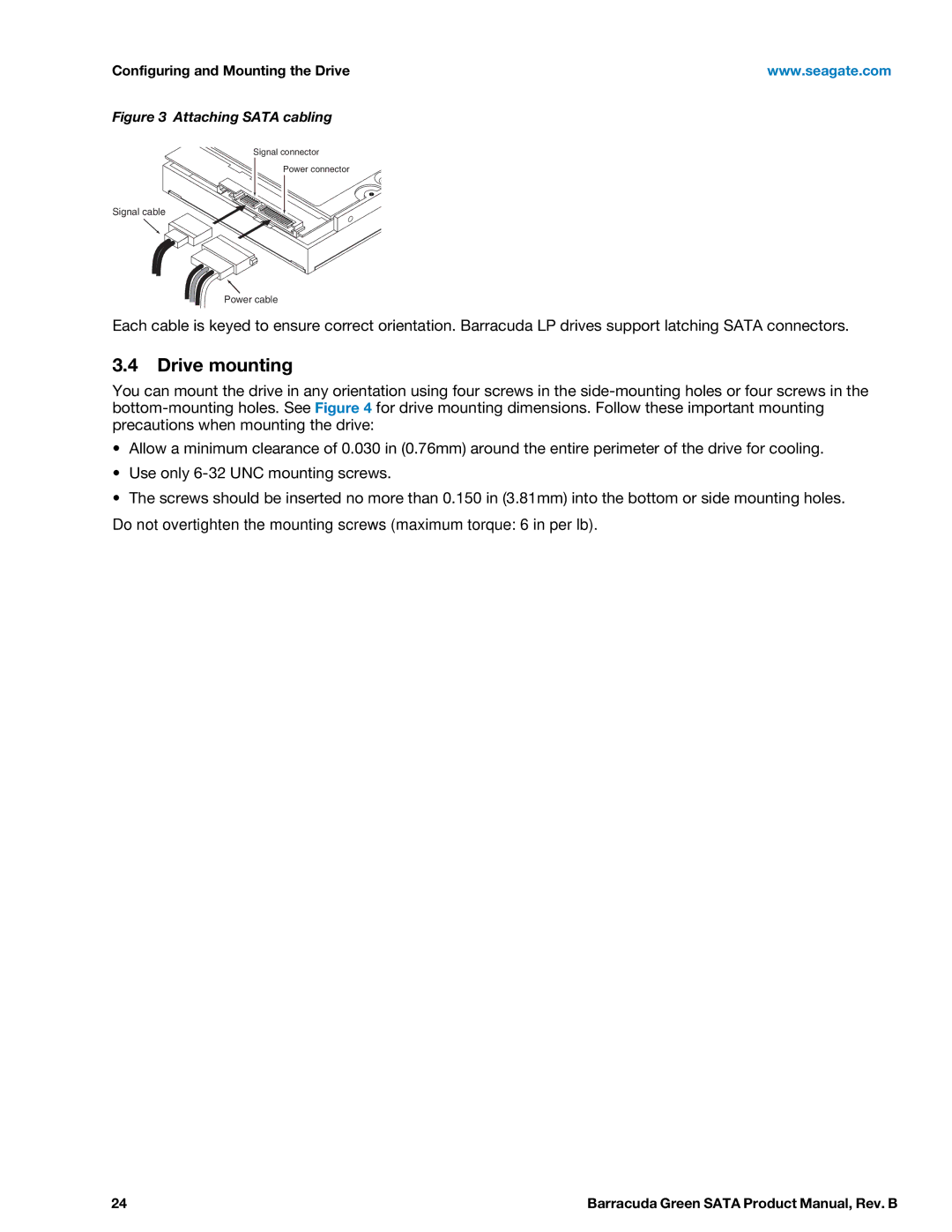 Seagate ST2000DL003, ST1500DL003 manual Drive mounting, Attaching Sata cabling 