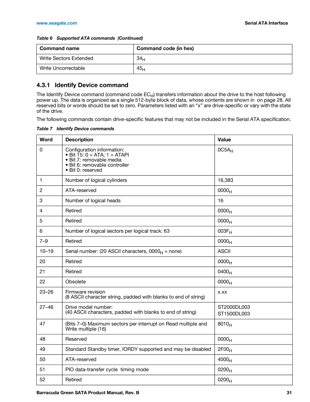 Seagate ST1500DL003, ST2000DL003 manual Identify Device command, Word Description Value, 0C5AH, Ascii 