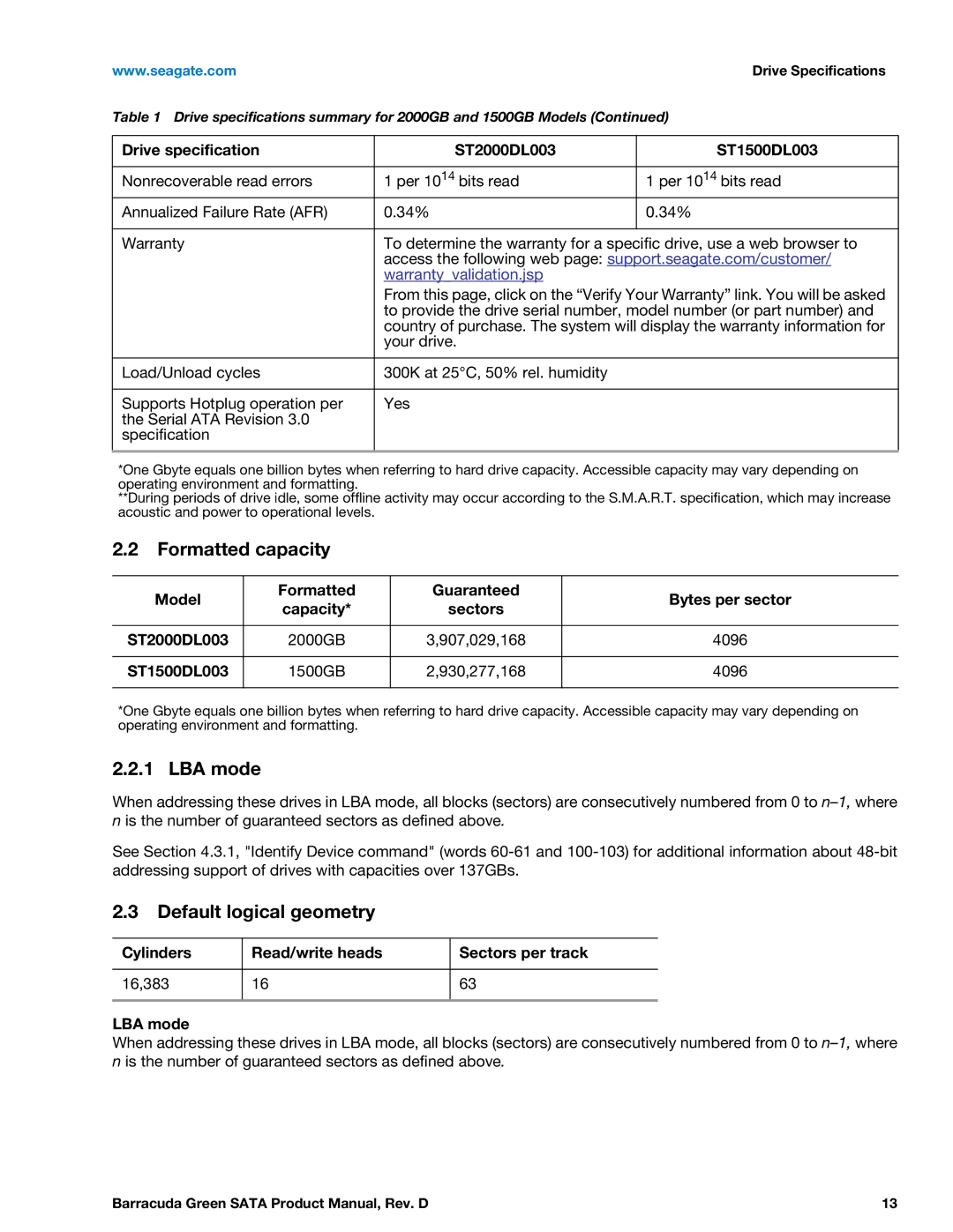 Seagate ST1500DL003, ST2000DL003 manual Formatted capacity, LBA mode, Default logical geometry 