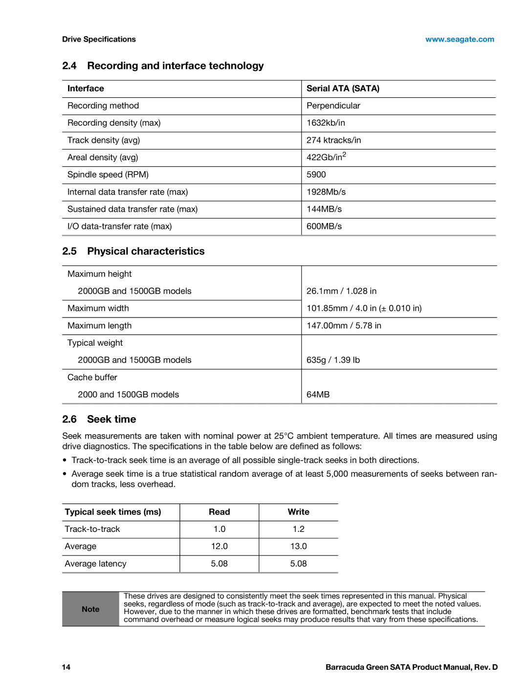 Seagate ST2000DL003 Recording and interface technology, Physical characteristics, Seek time, Interface Serial ATA Sata 