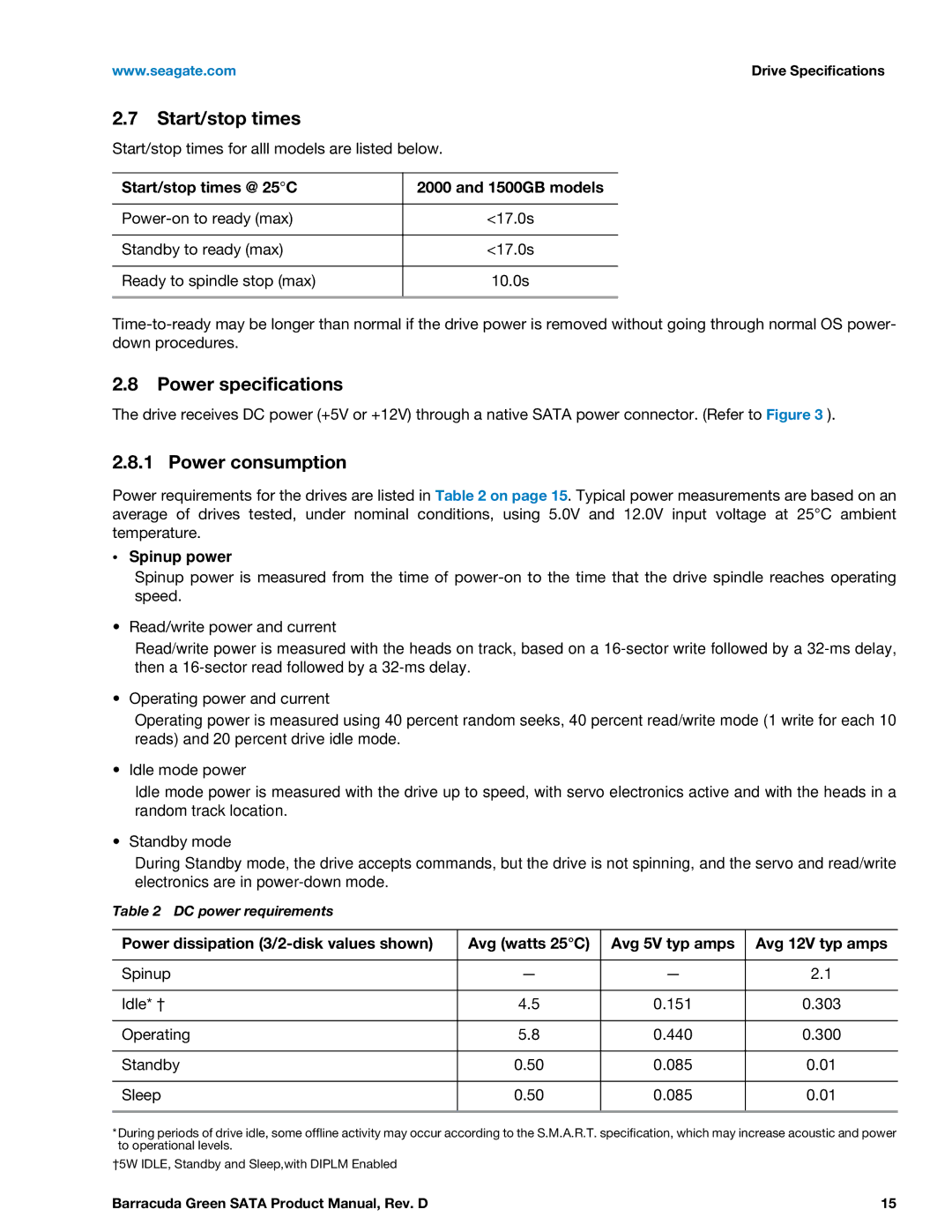 Seagate ST1500DL003 manual Power specifications, Power consumption, Start/stop times @ 25C 1500GB models, Spinup power 