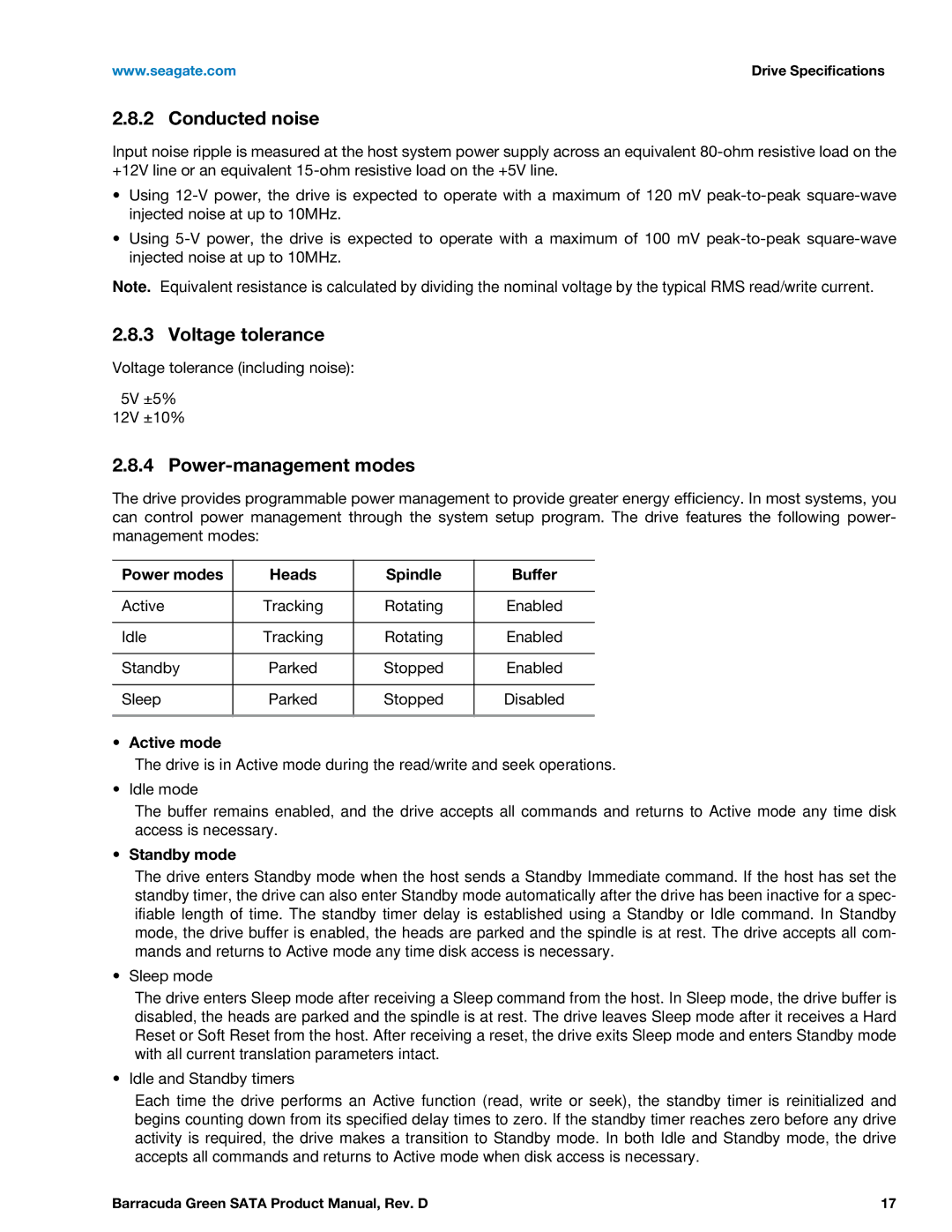 Seagate ST1500DL003, ST2000DL003 manual Conducted noise, Voltage tolerance, Power-management modes 