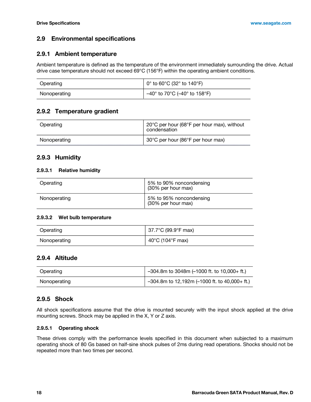 Seagate ST2000DL003 Environmental specifications Ambient temperature, Temperature gradient, Humidity, Altitude, Shock 