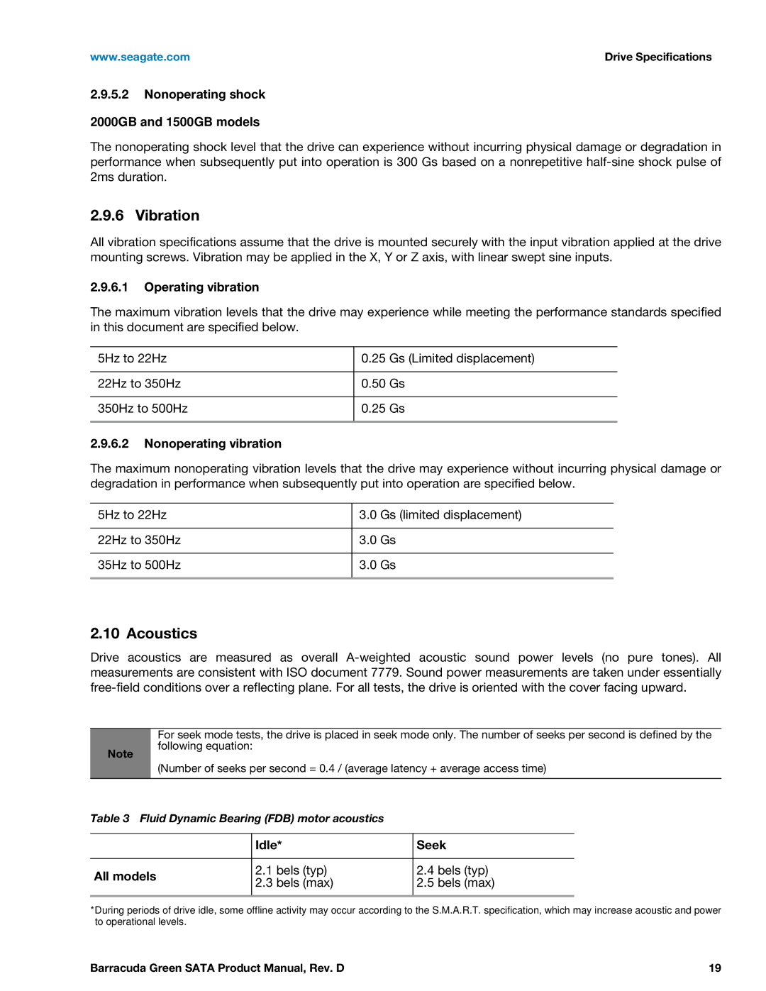 Seagate ST1500DL003, ST2000DL003 manual Vibration, Acoustics 