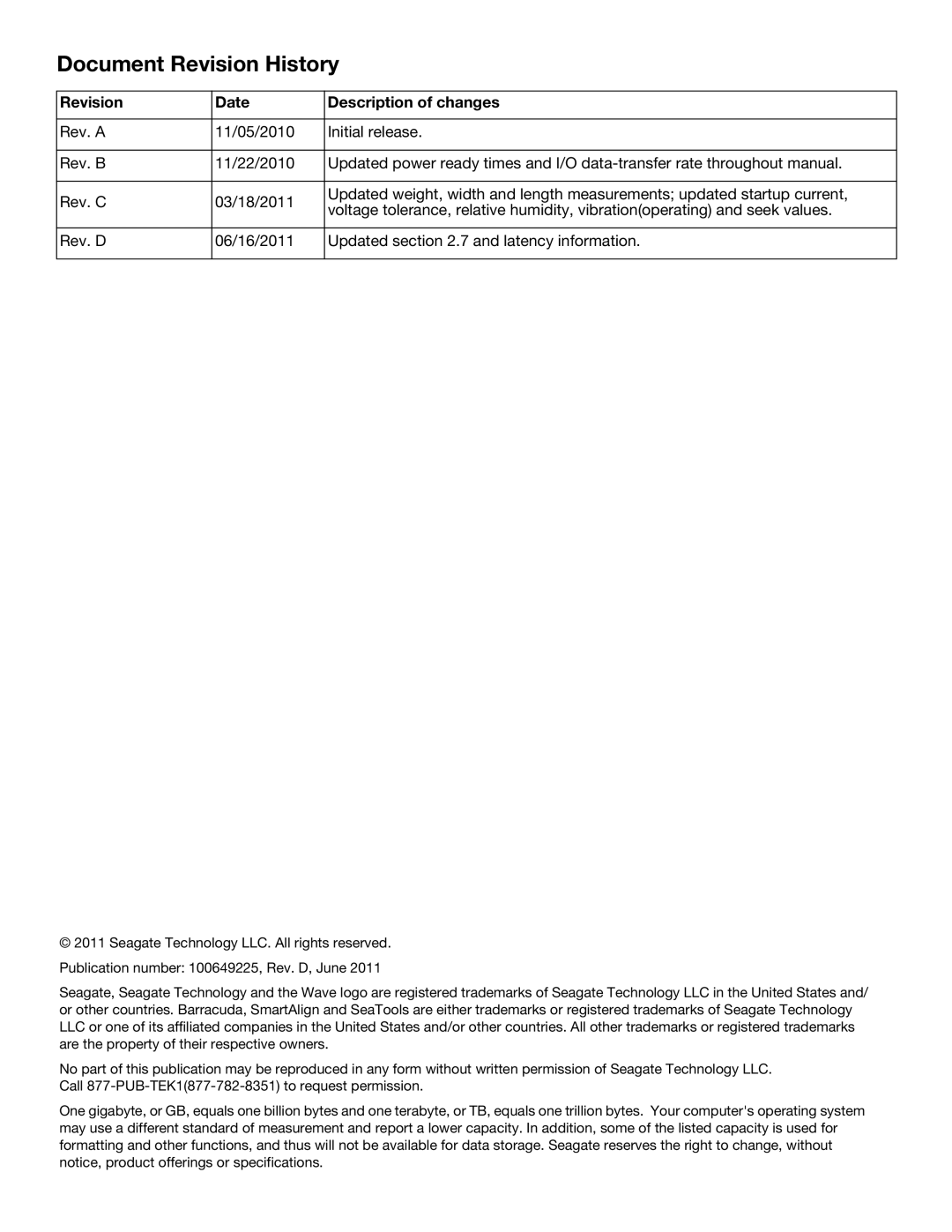 Seagate ST2000DL003, ST1500DL003 manual Document Revision History, Revision Date Description of changes 