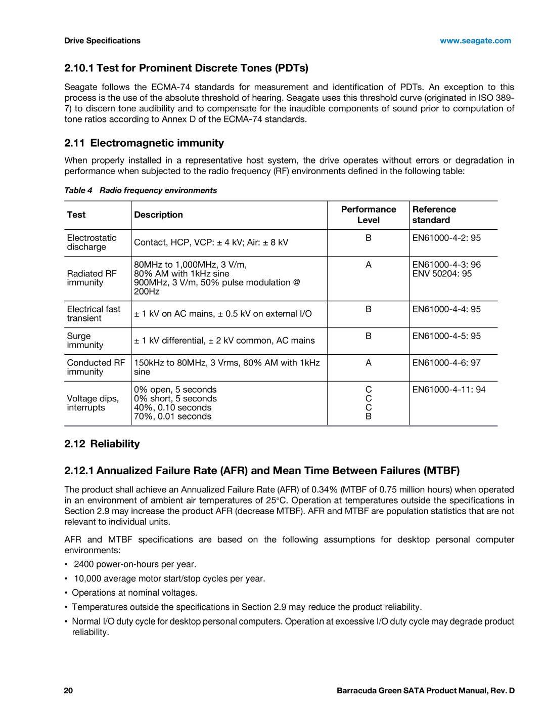 Seagate ST2000DL003, ST1500DL003 manual Test for Prominent Discrete Tones PDTs, Electromagnetic immunity, Standard 