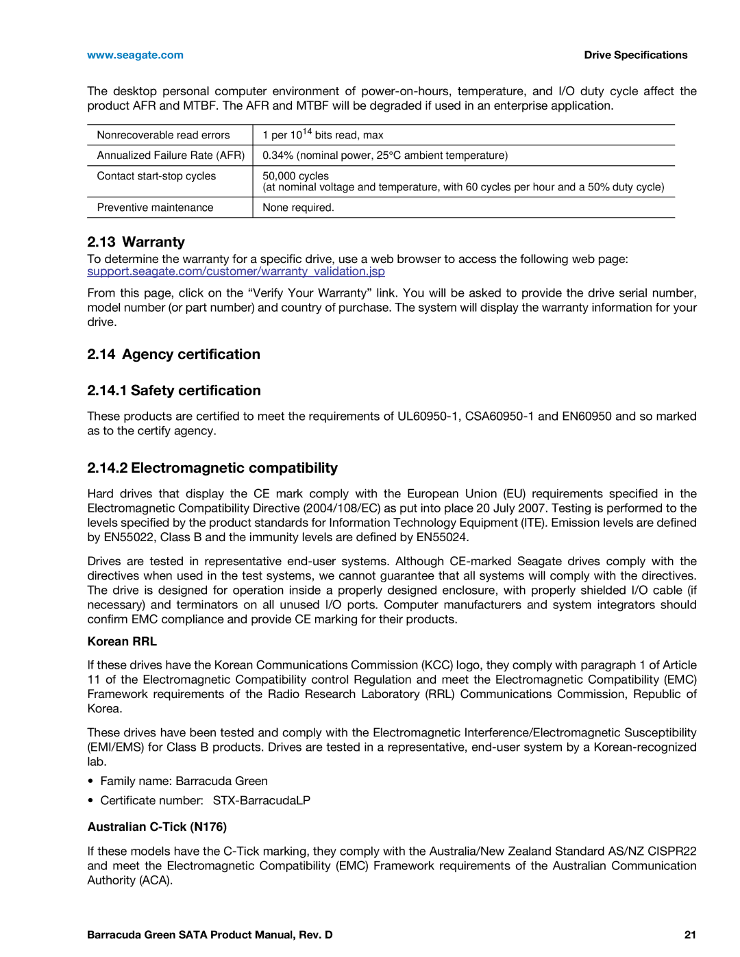 Seagate ST1500DL003 manual Warranty, Agency certification Safety certification, Electromagnetic compatibility, Korean RRL 
