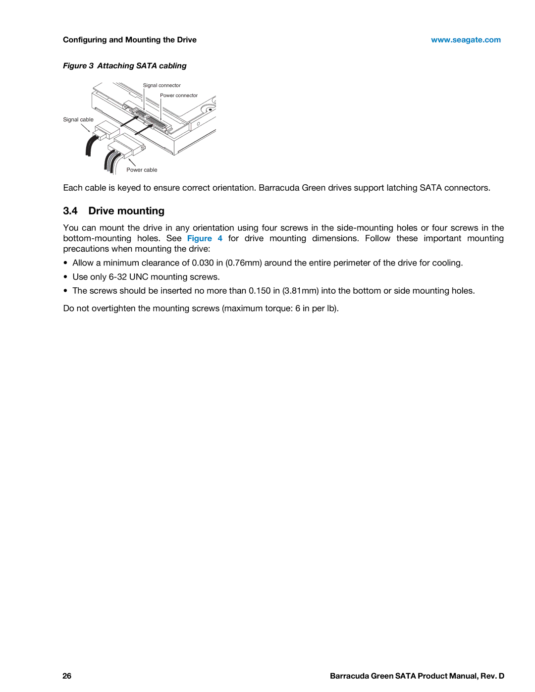 Seagate ST2000DL003, ST1500DL003 manual Drive mounting, Attaching Sata cabling 