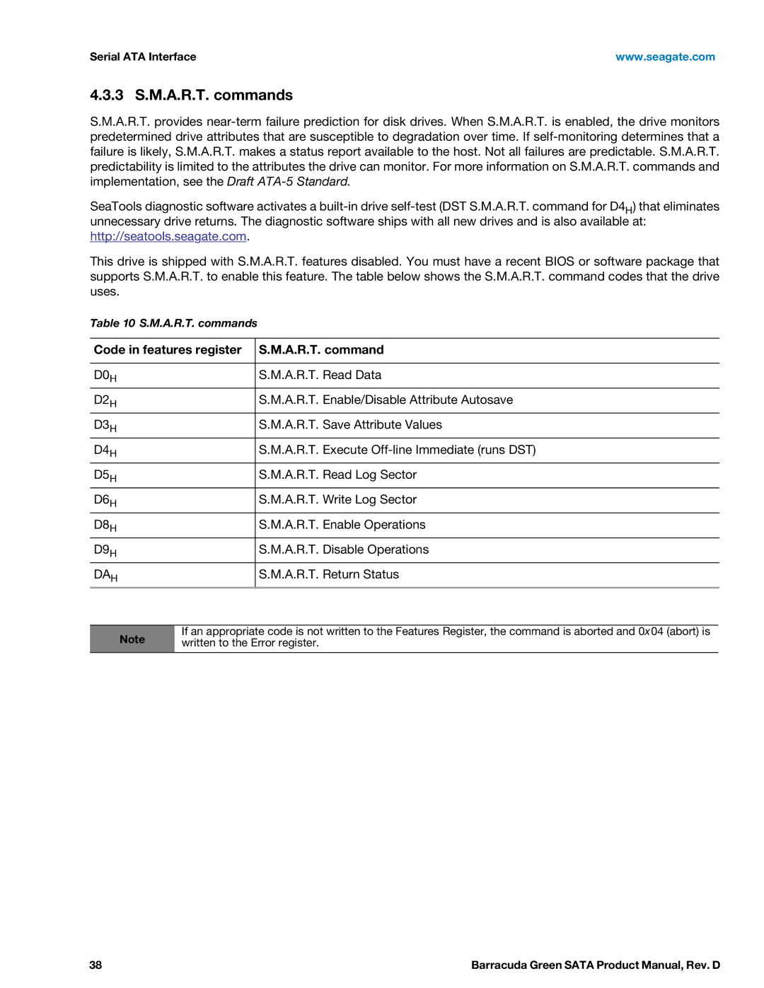 Seagate ST2000DL003, ST1500DL003 manual 3 S.M.A.R.T. commands, Code in features register A.R.T. command 