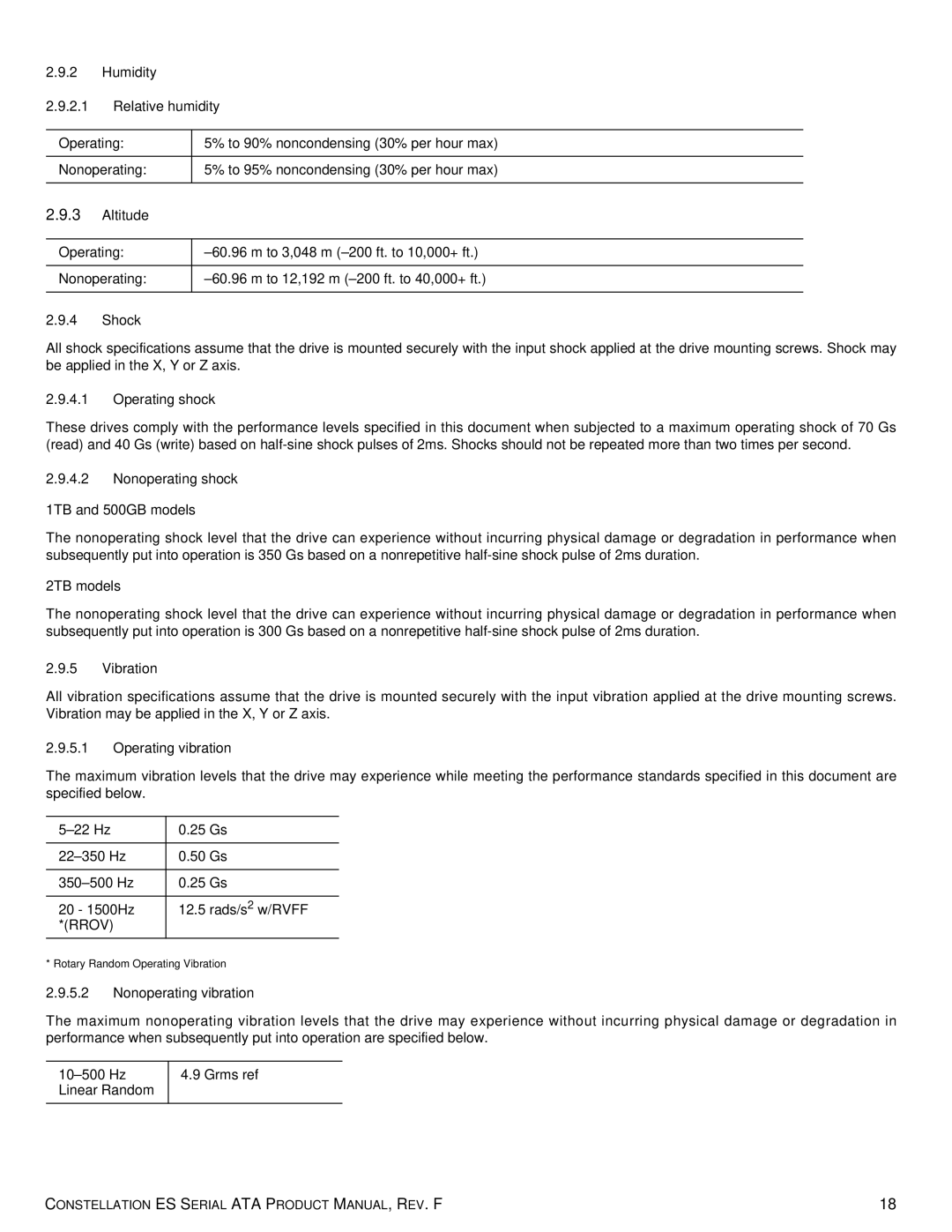 Seagate ST2000NM0051 Humidity Relative humidity, Altitude, Shock, Operating shock, Nonoperating shock 1TB and 500GB models 