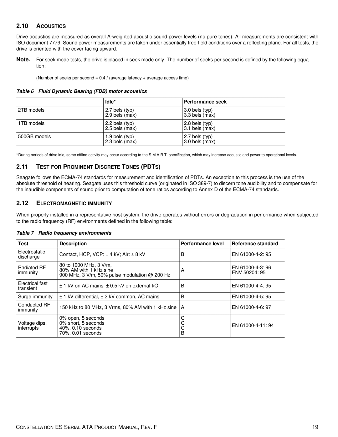 Seagate ST1000NM0031 manual Acoustics, Fluid Dynamic Bearing FDB motor acoustics, Test for Prominent Discrete Tones Pdts 