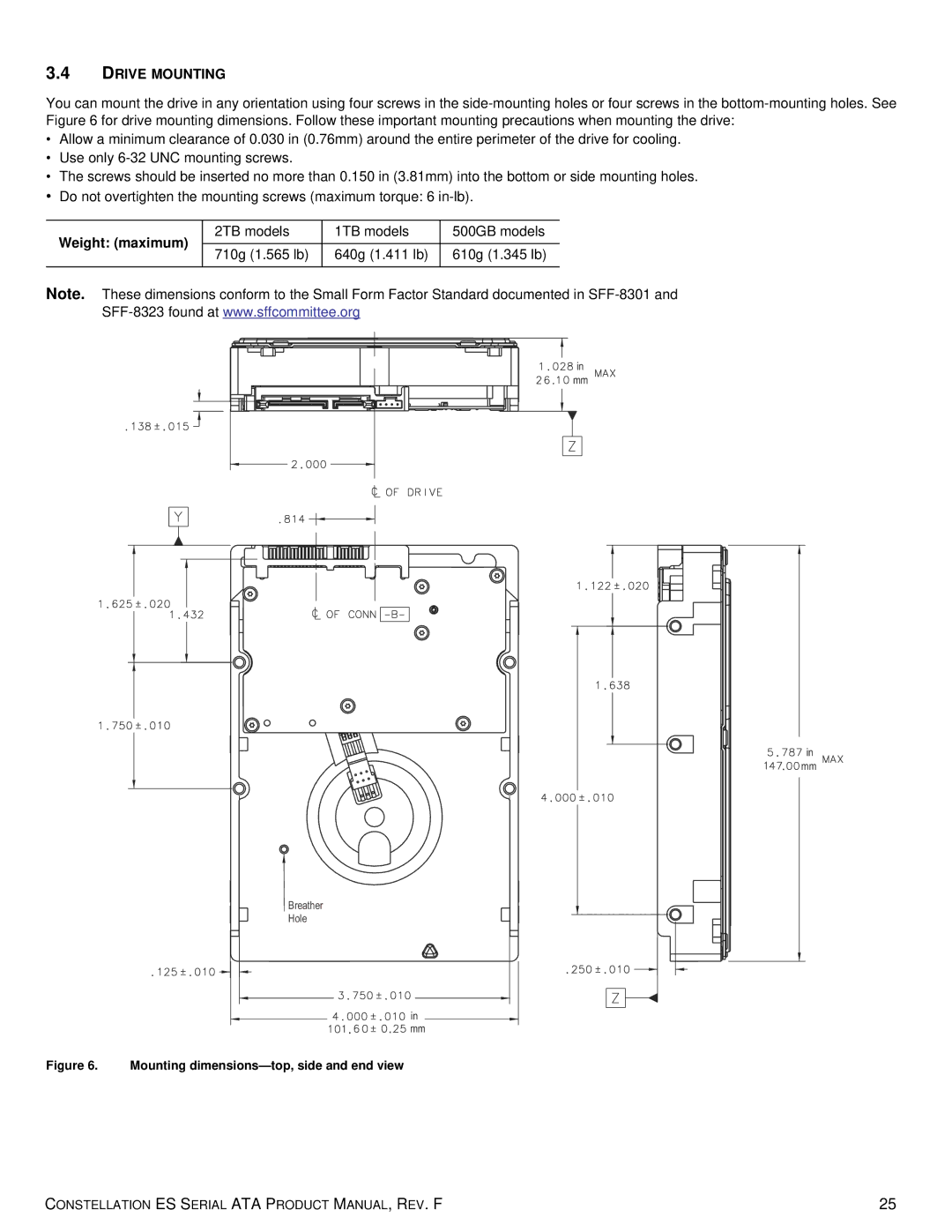 Seagate ST2000NM0031, ST1000NM0011, ST500NM0051, ST2000NM0051 Drive Mounting, Mounting dimensions-top, side and end view 