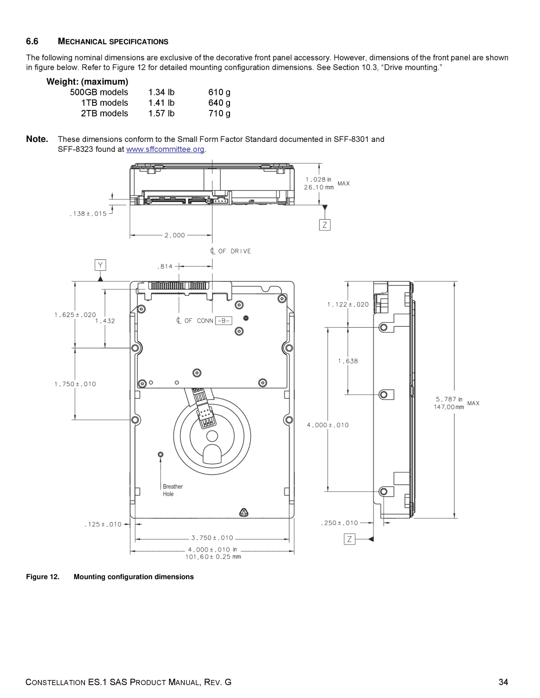 Seagate ST2000NM0063 manual Weight maximum, Mounting configuration dimensions 