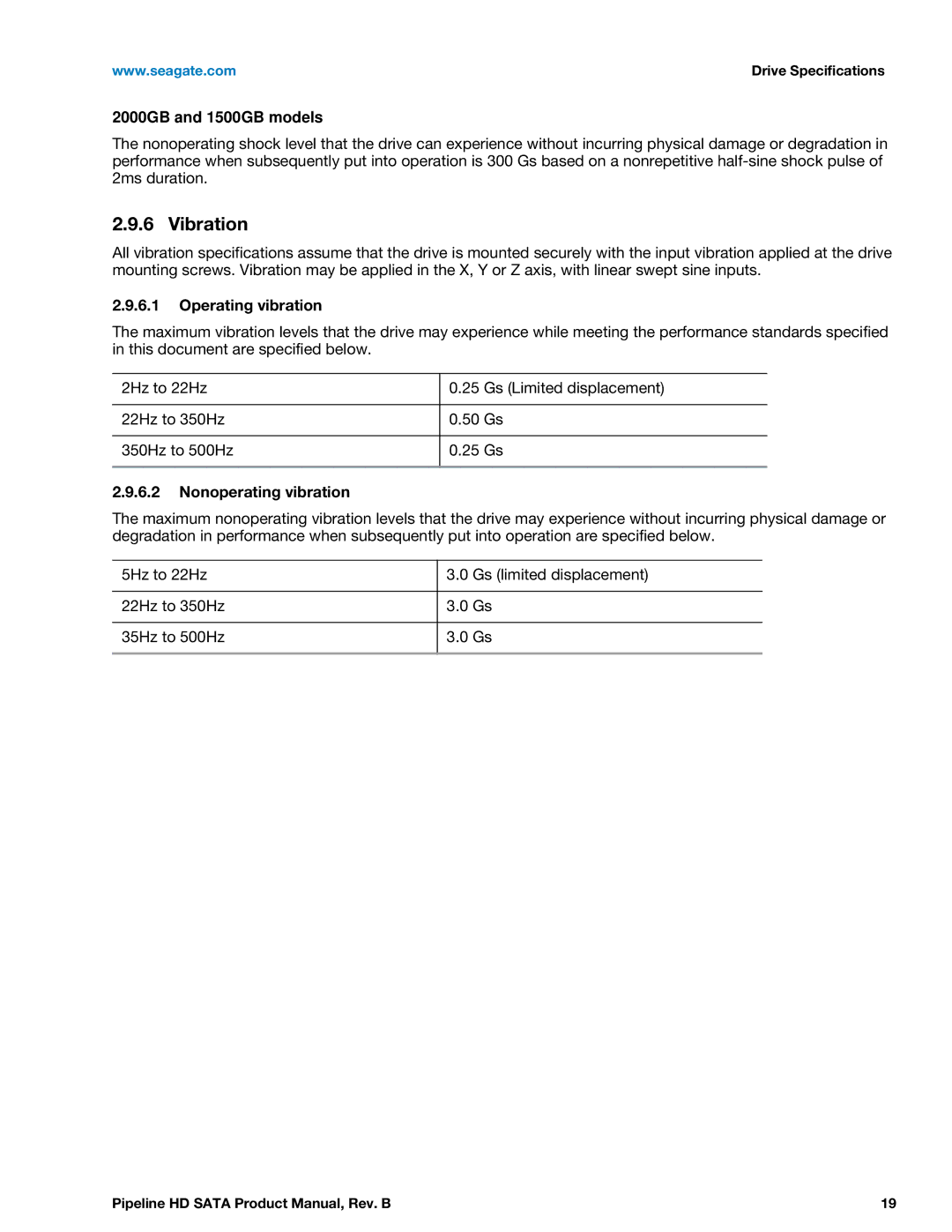 Seagate ST1500VM002, ST2000VM002 manual Vibration, 2000GB and 1500GB models, Operating vibration, Nonoperating vibration 