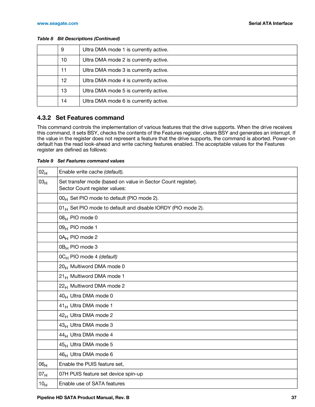 Seagate ST1500VM002, ST2000VM002 manual Set Features command 