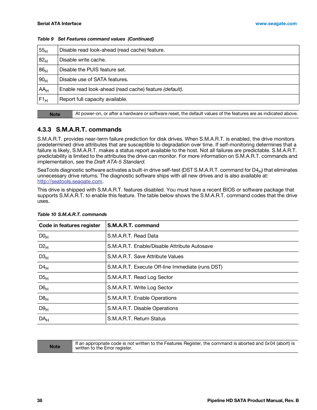 Seagate ST2000VM002, ST1500VM002 manual A.R.T. commands, Code in features register A.R.T. command 